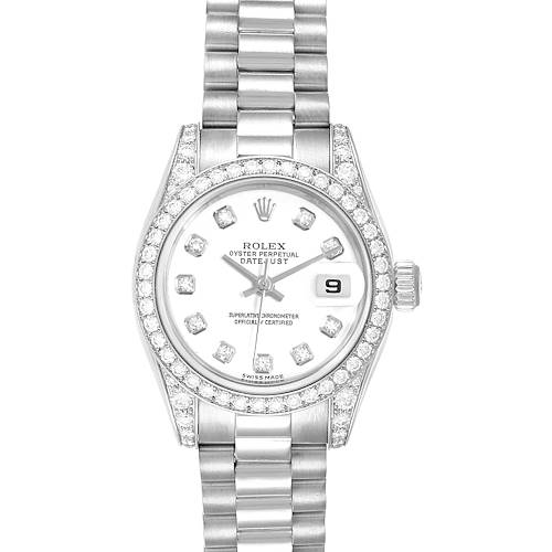 The image shows a front view of a Rolex President 179159 Women's White Gold White Dial 179159 Women's White Gold White Dial model watch, displaying the dial, bezel, and bracelet.