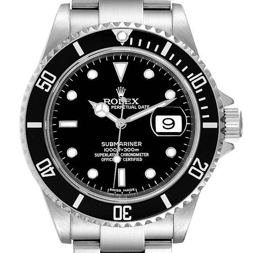 The image shows a front view of a Rolex Submariner 16610 Men's Stainless Steel Black Dial 16610 Men's Stainless Steel Black Dial watch, displaying the dial, bezel, and part of the bracelet.