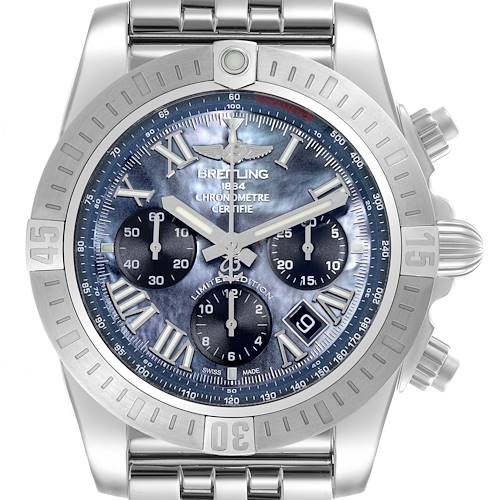 The Breitling Chronomat AB01152A/BH20 Men's Stainless Steel Mother of Pearl Dial AB01152A/BH20 Men's Stainless Steel Mother of Pearl Dial watch is shown from the front, displaying the dial, bezel, crown, pushers, and part of the bracelet.
