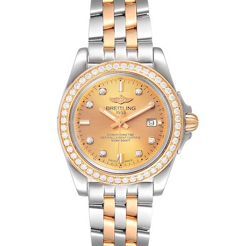The image shows a front view of the Breitling C71330 Women's Steel and Gold (two tone) Champagne Dial C71330 Women's Steel and Gold (two tone) Champagne Dial Galactic 32 Steel Rose Gold Diamond Women's Watch C71330, displaying its bracelet and diamond bezel.