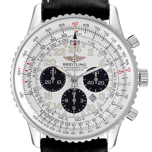 The image shows a front view of the Breitling Navitimer A22322 Men's Stainless Steel Silver Dial A22322 Men's Stainless Steel Silver Dial watch, displaying its face, bezel, crown, and black leather strap.