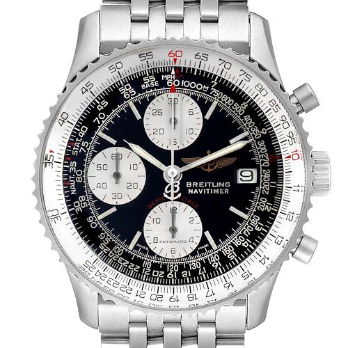 The image shows a frontal view of the Breitling Navitimer A13330 Men's Stainless Steel Black Dial A13330 Men's Stainless Steel Black Dial watch, highlighting the dial, chronograph subdials, and stainless steel bracelet.