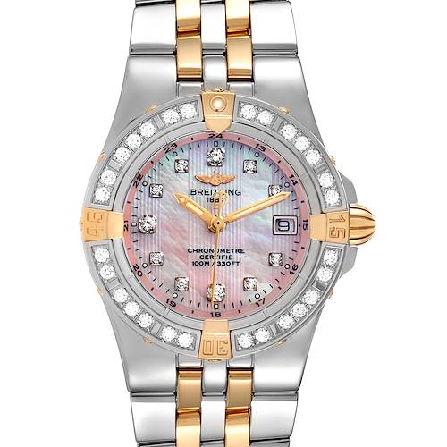 The image shows a frontal view of the Breitling B71340 Women's Steel and Gold (two tone) Mother of Pearl Dial B71340 Women's Steel and Gold (two tone) Mother of Pearl Dial Starliner Steel Yellow Gold MOP Diamond Ladies Watch B71340.