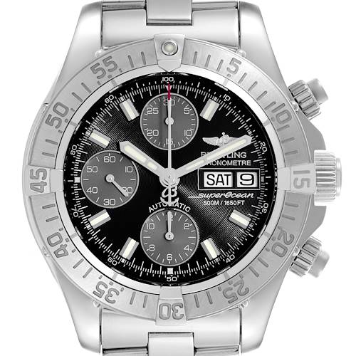 The Breitling Superocean A13340 Men's Stainless Steel Black Dial A13340 Men's Stainless Steel Black Dial watch is shown from the front, highlighting the dial, bezel, crown, and pushers.