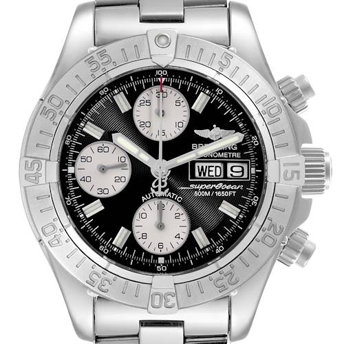 The Breitling Superocean A13340 Men's Stainless Steel Black Dial A13340 Men's Stainless Steel Black Dial watch is shown from a top-down angle, highlighting the face, bezel, and chronograph subdials.