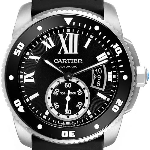 The Calibre de Cartier watch is shown from a front angle, highlighting the dial, bezel, and crown.