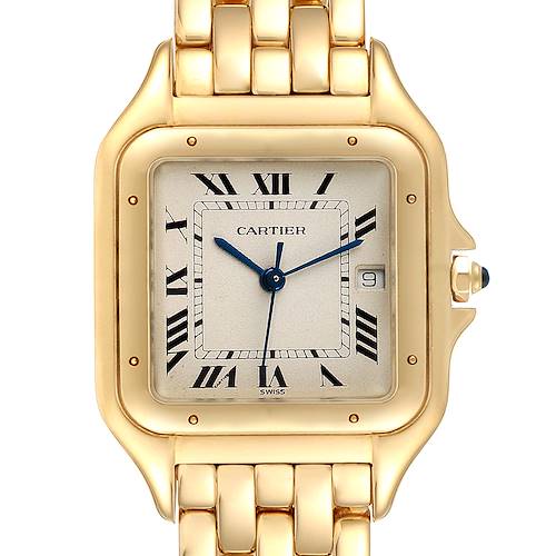 The image shows a close-up of a Cartier Panthere W25014B9 Women's Yellow Gold Silver Dial W25014B9 Women's Yellow Gold Silver Dial watch, featuring its dial, hands, case, and part of the bracelet.
