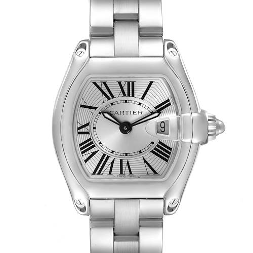 The Cartier Roadster W62016V3 Women's Stainless Steel Silver Dial W62016V3 Women's Stainless Steel Silver Dial watch is shown from a front angle, displaying the dial, roman numerals, and date window.