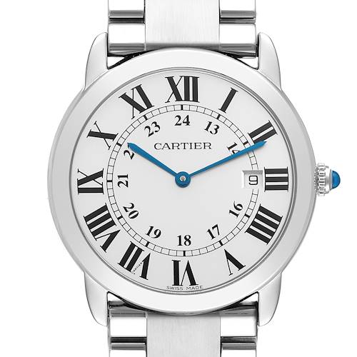 The Cartier Ronde W6701005 Men's Stainless Steel Silver Dial W6701005 Men's Stainless Steel Silver Dial model is shown from a front angle, displaying the dial, Roman numerals, blue hands, and part of the bracelet.