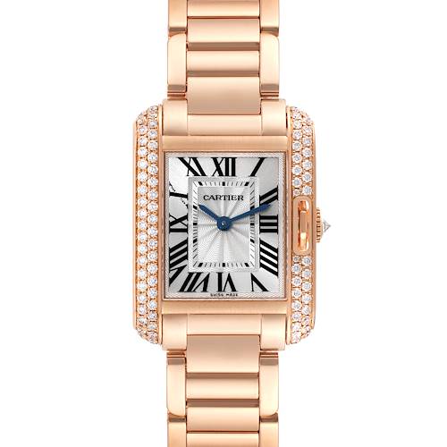This image shows a front view of the Cartier Tank Anglaise WT100002 Women's Rose Gold Silver Dial WT100002 Women's Rose Gold Silver Dial watch, highlighting the face, bracelet, and diamond accents.