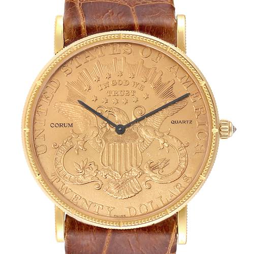The image shows a front view of the Corum  Women's Yellow Gold Black Dial  Women's Yellow Gold Black Dial Coin 20 Dollars Double Eagle Yellow Gold Brown Strap Men's Watch.