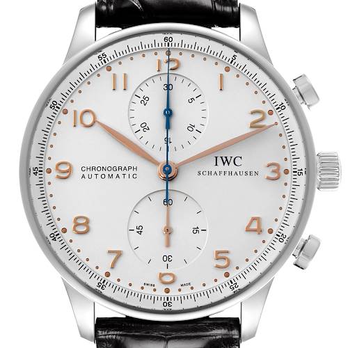 The image shows a frontal view of the IWC Portuguese IW371401 Men's Stainless Steel Silver Dial IW371401 Men's Stainless Steel Silver Dial Chronograph, including the dial, hands, subdials, and crown.