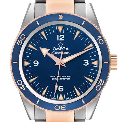 The Omega Seamaster 233.60.41.21.03.001 Men's Steel and Gold (two tone) Blue Dial 233.60.41.21.03.001 Men's Steel and Gold (two tone) Blue Dial watch is shown from a front angle, displaying the full face, bezel, and part of the bracelet.