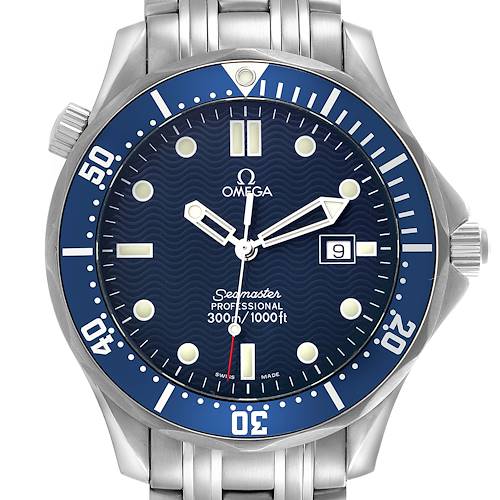 The image shows a front view of the Omega Seamaster 2541.80.00 Men's Stainless Steel Blue Dial 2541.80.00 Men's Stainless Steel Blue Dial watch, featuring its blue dial, bezel, and metallic bracelet.