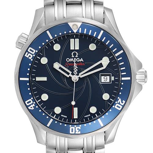 The image shows a front view of an Omega Seamaster 2226.80.00 Men's Stainless Steel Blue Dial 2226.80.00 Men's Stainless Steel Blue Dial watch, displaying its dial, bezel, hands, and part of the bracelet.
