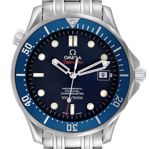 The Omega Seamaster 2220.80.00 Men's Stainless Steel Blue Dial 2220.80.00 Men's Stainless Steel Blue Dial watch is shown from the front, highlighting the dial, bezel, bracelet, and crown.