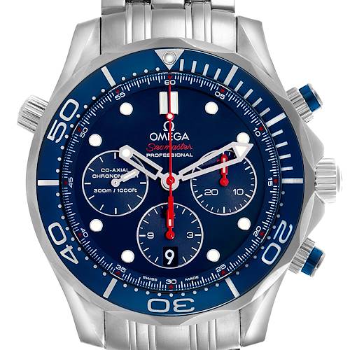 The Omega Seamaster 212.30.44.50.03.001 Men's Stainless Steel Blue Dial 212.30.44.50.03.001 Men's Stainless Steel Blue Dial watch is shown from the front, displaying the dial, bezel, crown, and pushers.
