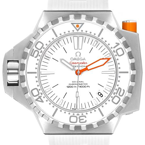 The image shows a frontal view of the Omega Ploprof 224.32.55.21.04.001 Men's Stainless Steel White Dial 224.32.55.21.04.001 Men's Stainless Steel White Dial Seamaster watch, highlighting its bezel, dial, and hands.