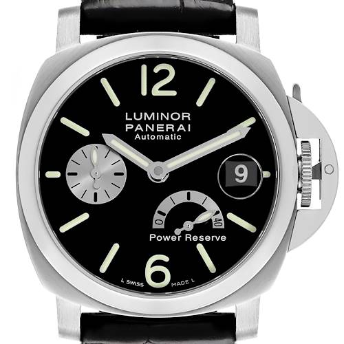 The Panerai Luminor PAM00125 Men's Stainless Steel Black Dial PAM00125 Men's Stainless Steel Black Dial watch is shown from the front, displaying the dial, hands, subdials, date, and crown protector.
