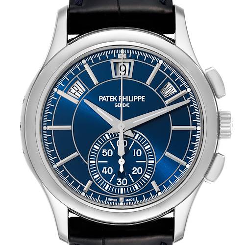 The image shows a frontal view of a Patek Philippe Complications 5905P - 001 Men's Platinum Blue Dial 5905P - 001 Men's Platinum Blue Dial watch, highlighting the blue dial, date displays, and chronograph sub-dial.