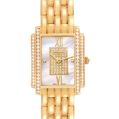 The image shows a frontal view of the Patek Philippe Gondolo 4825/101J-001 Women's Yellow Gold Mother of Pearl Dial 4825/101J-001 Women's Yellow Gold Mother of Pearl Dial watch, highlighting its rectangular case with diamond accents and gold bracelet.
