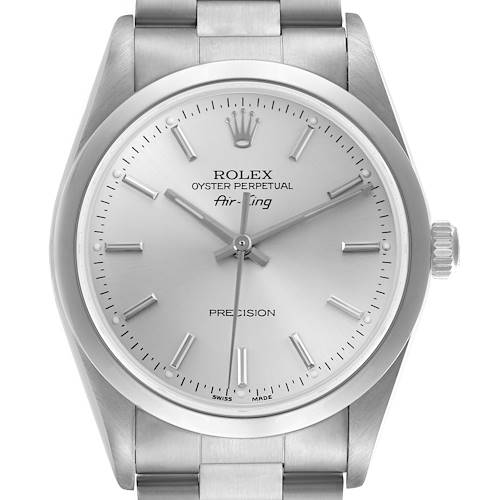 The Rolex Air-King 14000M Men's Stainless Steel Silver Dial 14000M Men's Stainless Steel Silver Dial watch is shown from the front, highlighting the dial, bezel, and part of the bracelet.