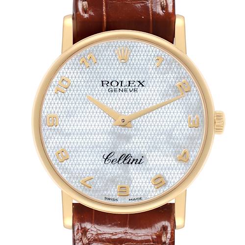 The Rolex Cellini 5115 Men's Yellow Gold Mother of Pearl Dial 5115 Men's Yellow Gold Mother of Pearl Dial watch is shown from the front, highlighting the dial, hands, and part of the leather strap.