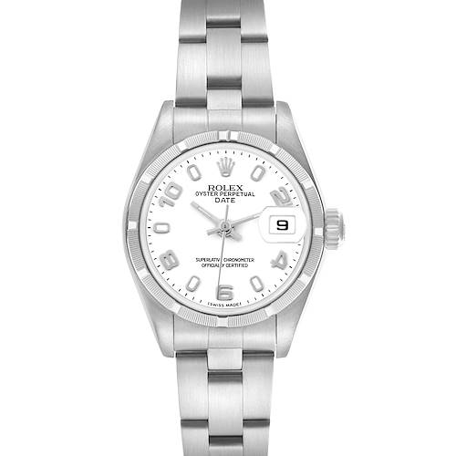 The Rolex Date 79190 Women's Stainless Steel White Dial 79190 Women's Stainless Steel White Dial model watch is shown from a top-down angle, displaying the face, bezel, crown, and bracelet.