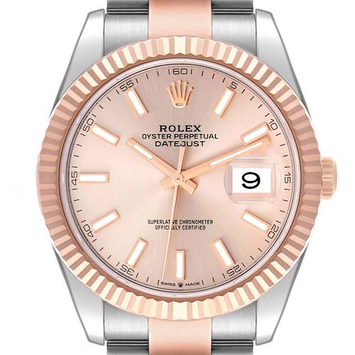 The Rolex Datejust 41 126331 Men's Steel and Gold (two tone) Pink Dial is shown from the front, highlighting the dial, fluted bezel, and part of the bracelet.