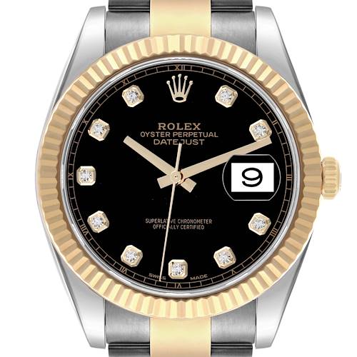 The image shows a front view of the Rolex Datejust 41 126333 Men's Steel and Gold (two tone) Black Dial 126333 Men's Steel and Gold (two tone) Black Dial, highlighting its black dial, gold markers, and fluted bezel.