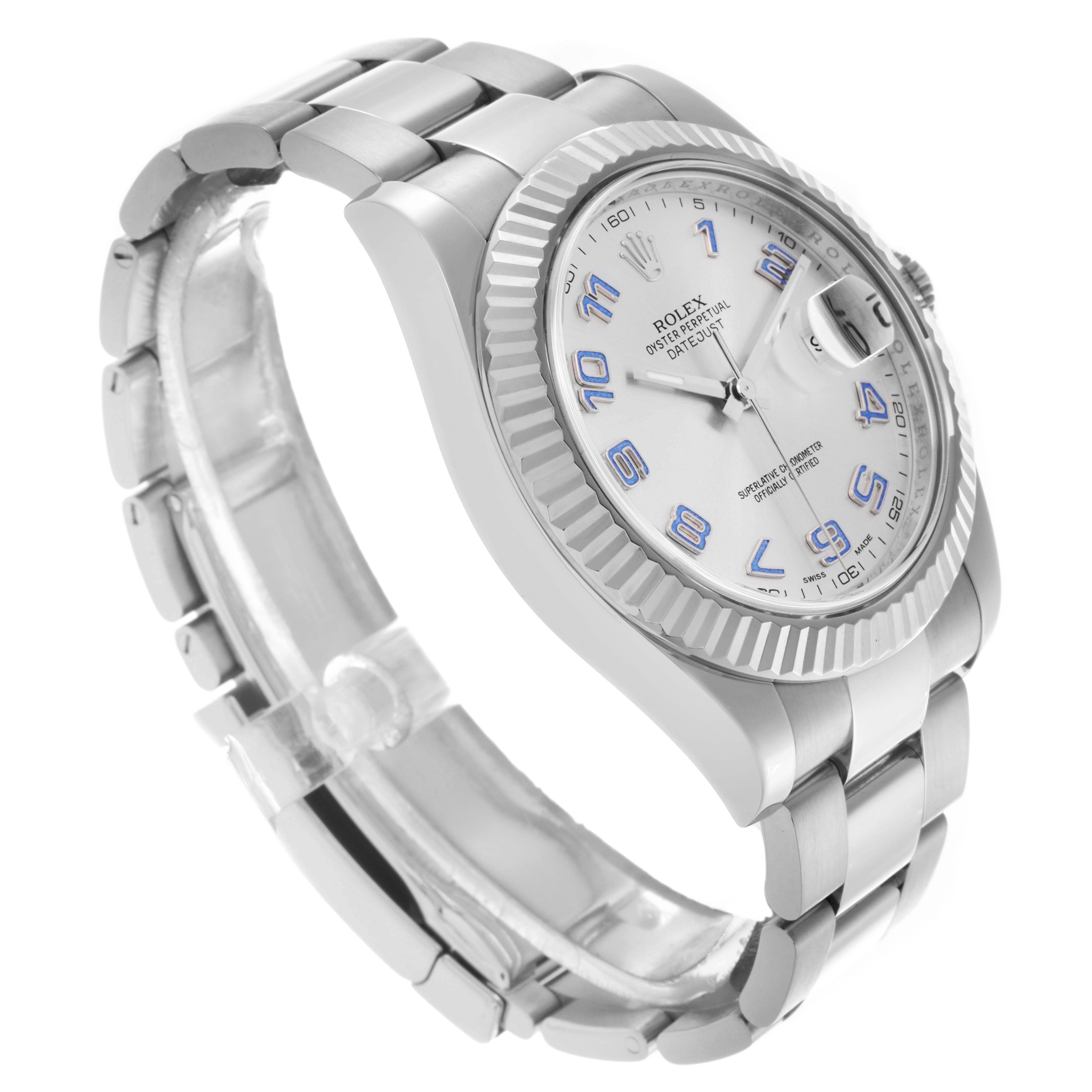 The Rolex Datejust 41 116334 Men's Stainless Steel Silver Dial 116334 Men's Stainless Steel Silver Dial is shown at a three-quarter angle, highlighting the bezel, dial, bracelet, and partially the side of the watch.