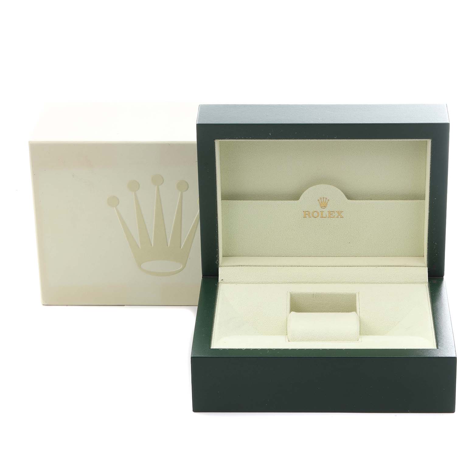 The image shows an open Rolex Datejust 41 116334 Men's Stainless Steel Silver Dial 116334 Men's Stainless Steel Silver Dial watch box with its inner cushion and logo visible inside.