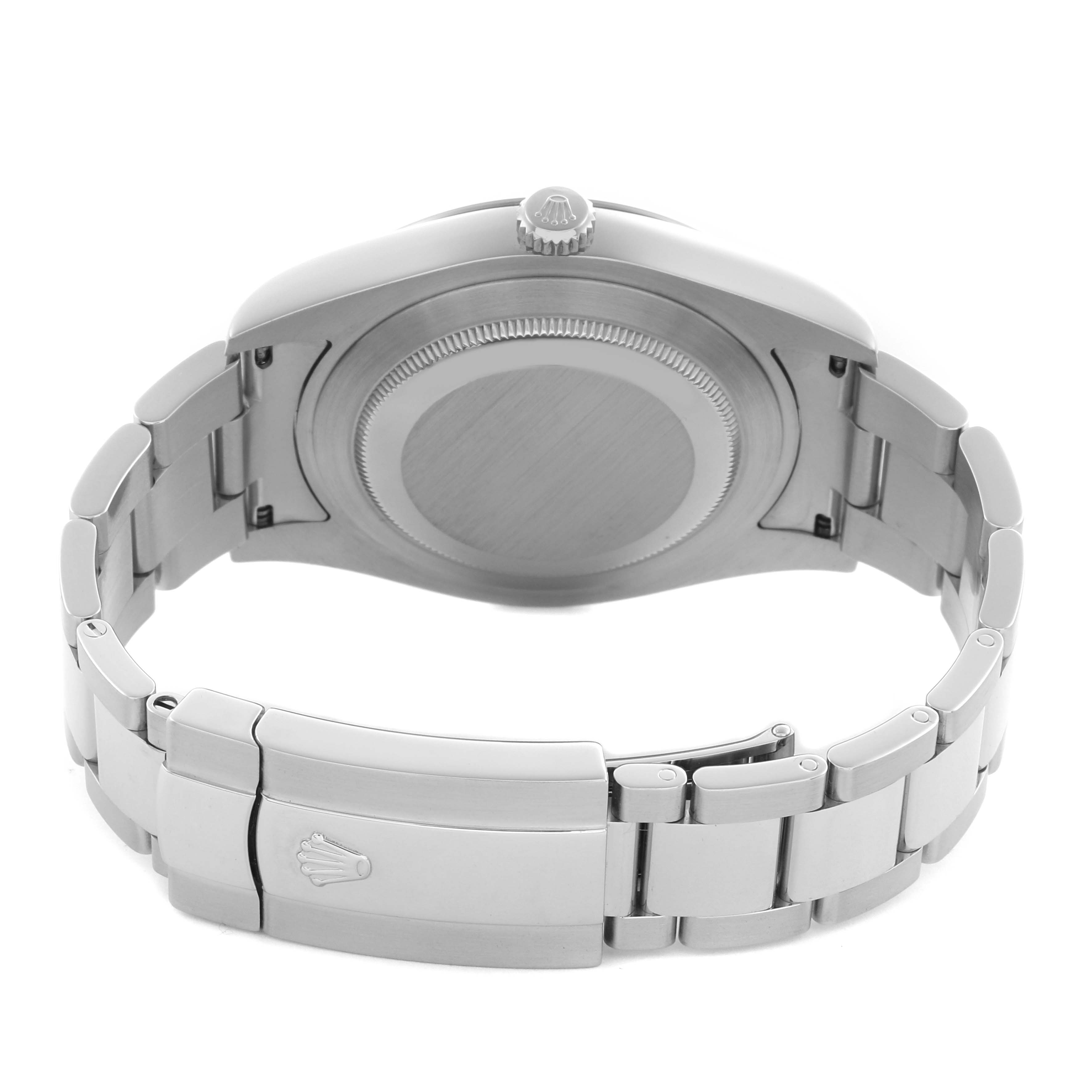 The image shows the back view of a Rolex Datejust 41 116334 Men's Stainless Steel Silver Dial 116334 Men's Stainless Steel Silver Dial watch, highlighting the case back, crown, and bracelet with clasp.