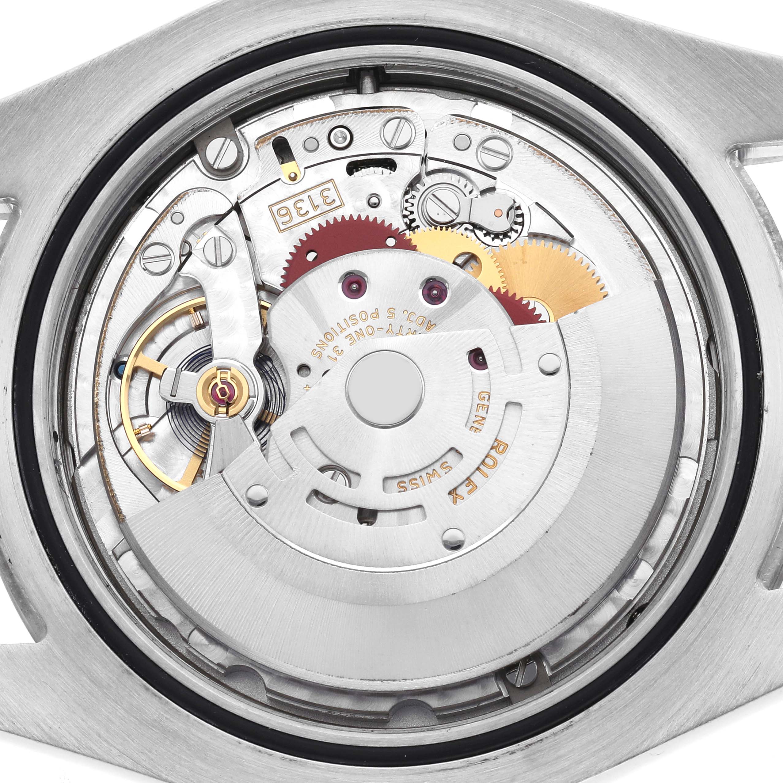 The image shows a close-up view of the movement inside a Rolex Datejust 41 116334 Men's Stainless Steel Silver Dial 116334 Men's Stainless Steel Silver Dial, highlighting gears and mechanisms.
