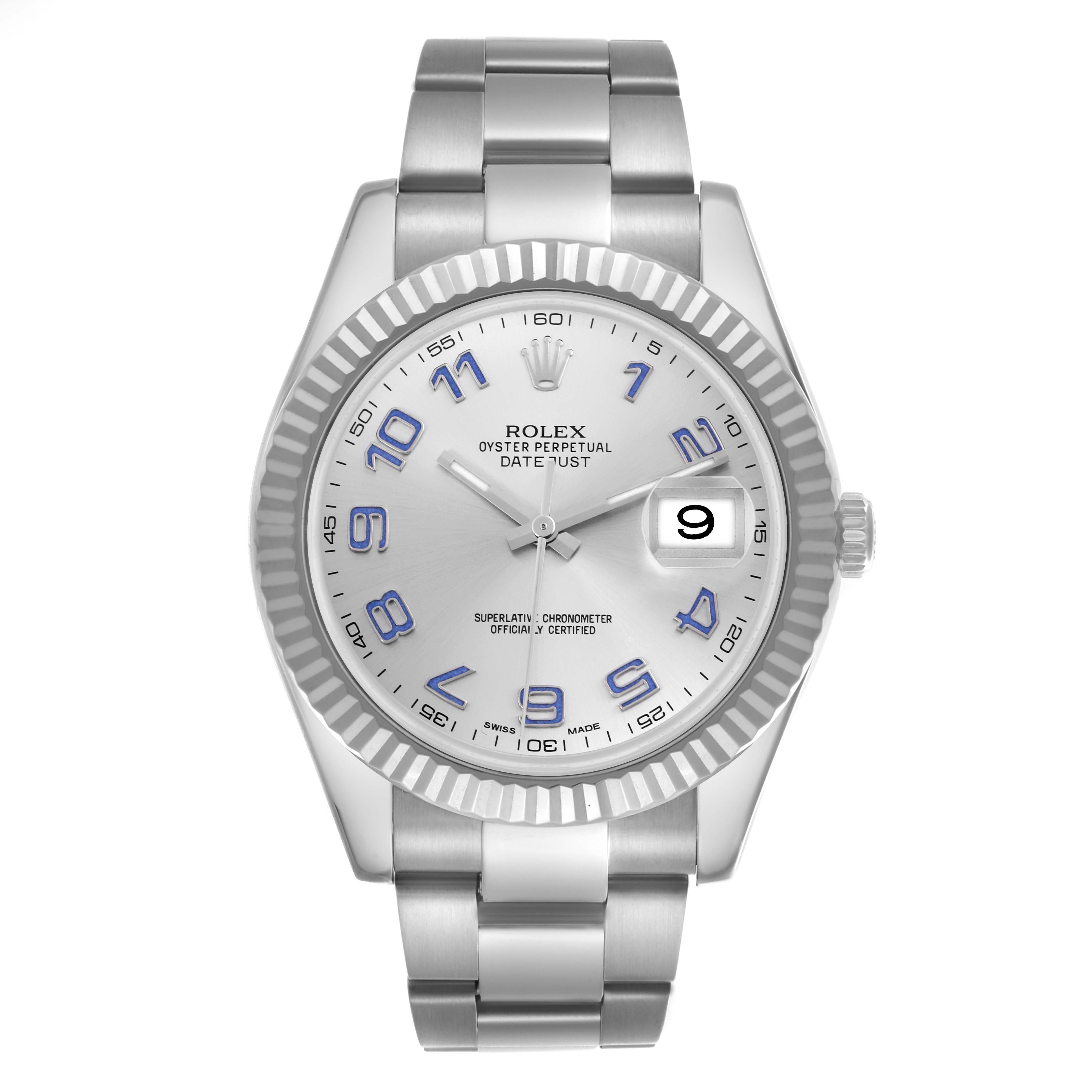 The Rolex Datejust 41 116334 Men's Stainless Steel Silver Dial 116334 Men's Stainless Steel Silver Dial is shown from a front angle, highlighting the dial, bezel, bracelet, and cyclops lens over the date.