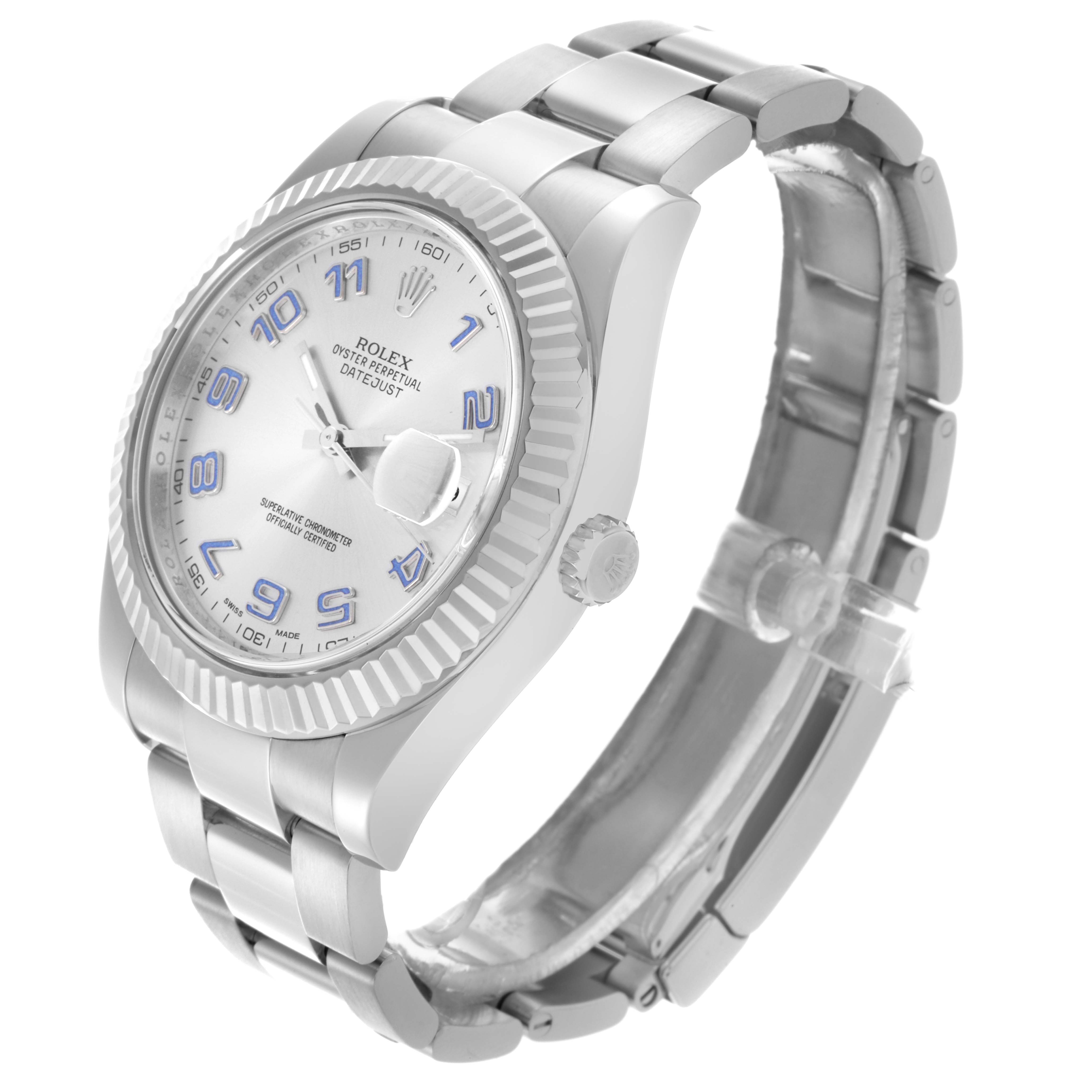 This image shows the Rolex Datejust 41 116334 Men's Stainless Steel Silver Dial 116334 Men's Stainless Steel Silver Dial at a three-quarter angle, highlighting the face, bezel, and bracelet.