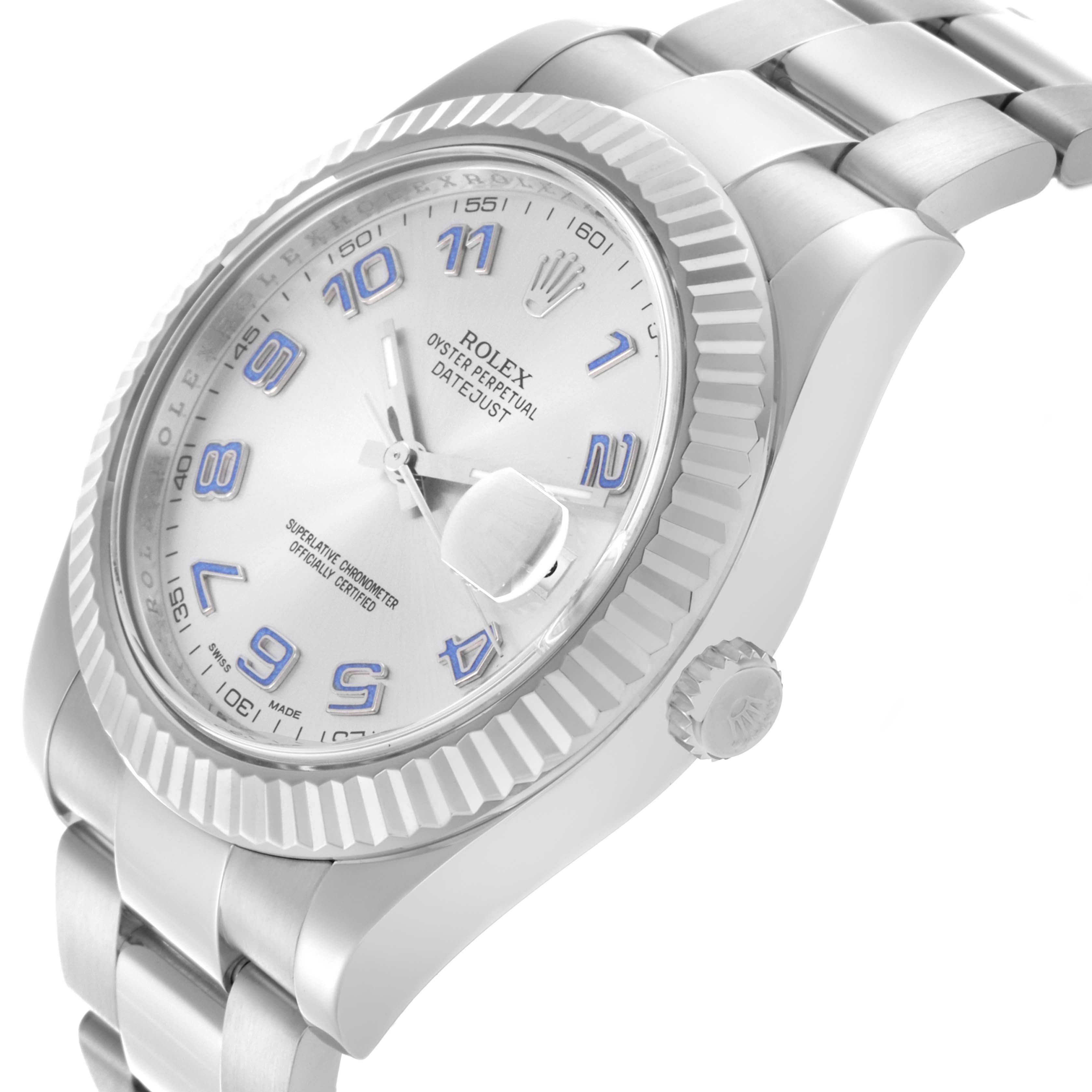 The Rolex Datejust 41 116334 Men's Stainless Steel Silver Dial 116334 Men's Stainless Steel Silver Dial is shown at an angle highlighting the dial, bezel, crown, and part of the bracelet.