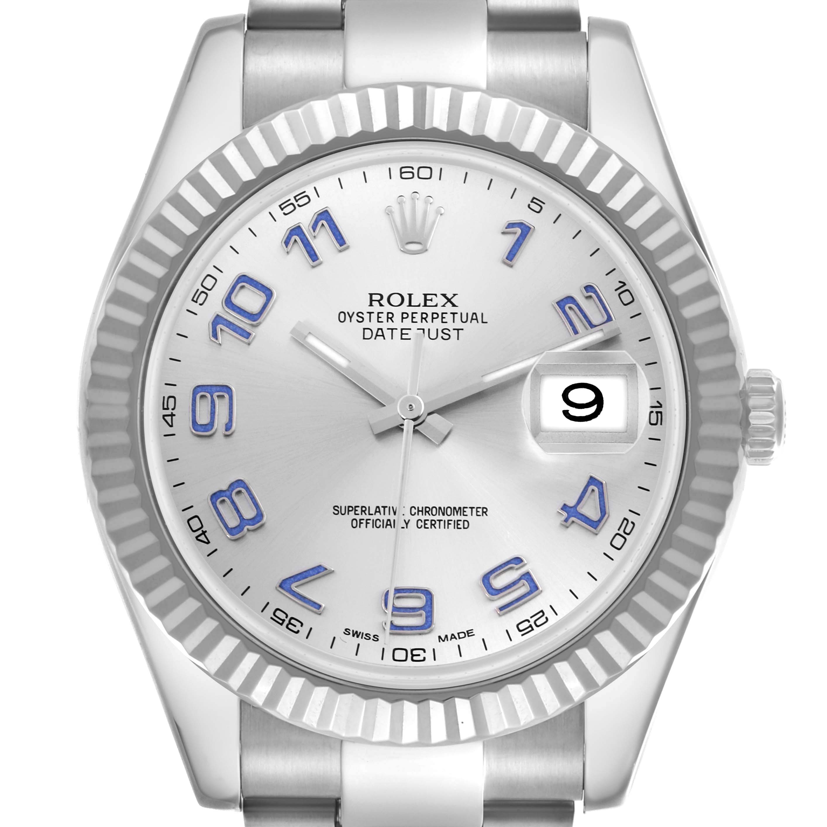The Rolex Datejust 41 116334 Men's Stainless Steel Silver Dial 116334 Men's Stainless Steel Silver Dial watch is shown from the front, displaying its dial, fluted bezel, and part of the bracelet.