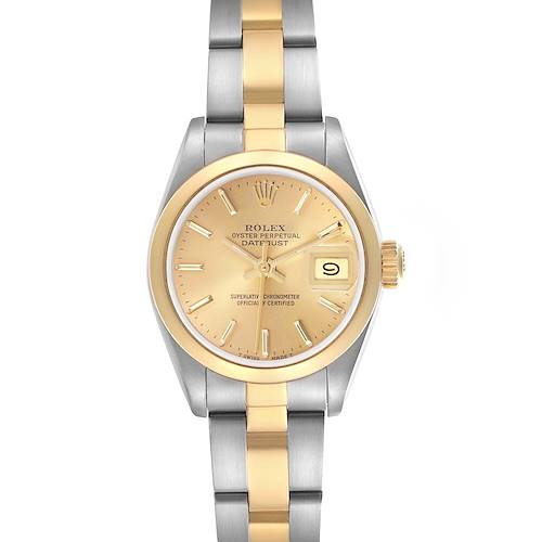 The Rolex Datejust 69163 Women's Steel and Gold (two tone) Champagne Dial 69163 Women's Steel and Gold (two tone) Champagne Dial watch is shown from a top-down angle, featuring the dial, case, and bracelet with gold and silver tones.