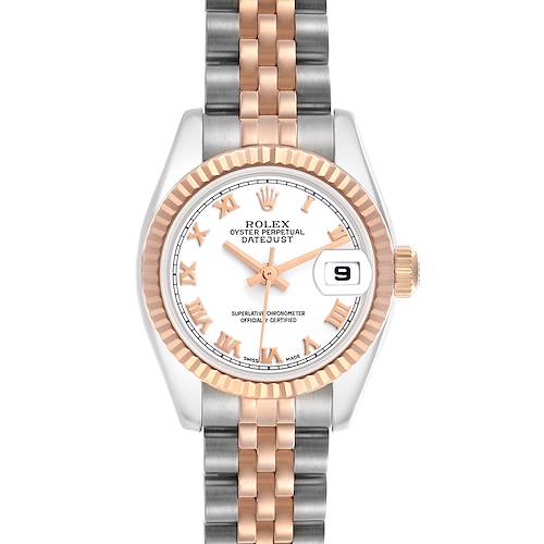 The Rolex Datejust 179171 Women's Steel and Gold (two tone) White Dial 179171 Women's Steel and Gold (two tone) White Dial watch is shown from the front, highlighting the dial, bezel, and two-tone bracelet.