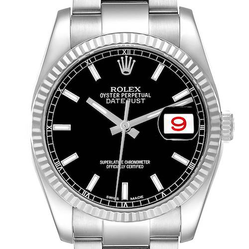 The Rolex Datejust 116234 Men's Stainless Steel Black Dial 116234 Men's Stainless Steel Black Dial watch is shown from a frontal angle, highlighting the dial, hands, markers, date magnification, and bezel.