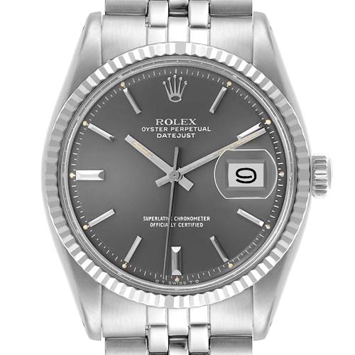 The Rolex Datejust 1601 Men's Stainless Steel Grey Dial 1601 Men's Stainless Steel Grey Dial watch is shown from a front angle highlighting the dial, bezel, crown, and part of the bracelet.