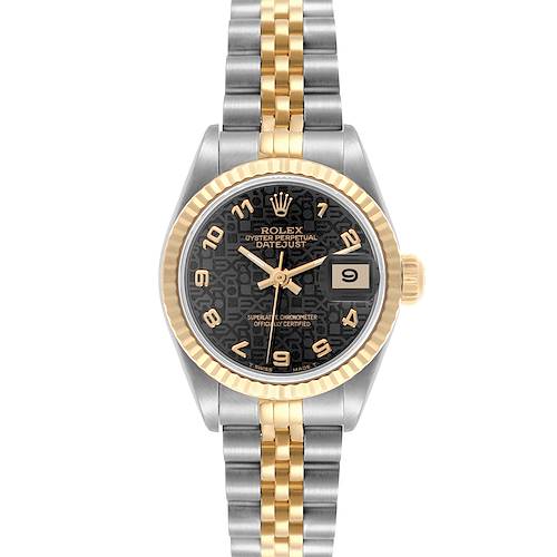 The Rolex Datejust 69173 Women's Steel and Gold (two tone) Black Dial 69173 Women's Steel and Gold (two tone) Black Dial is shown from a top view, highlighting its black dial, gold-and-silver jubilee bracelet, and fluted bezel.