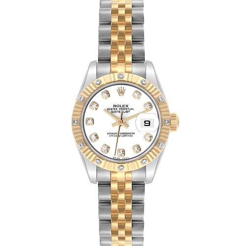 The Rolex Datejust 179313 Women's Steel and Gold (two tone) White Dial 179313 Women's Steel and Gold (two tone) White Dial watch is shown from the front, highlighting the dial, bezel, and two-tone bracelet.
