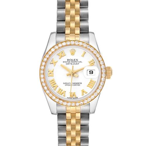 The Rolex Datejust 179383 Women's Steel and Gold (two tone) White Dial 179383 Women's Steel and Gold (two tone) White Dial watch is shown from a top view, highlighting the face, bezel, bracelet, and crown.