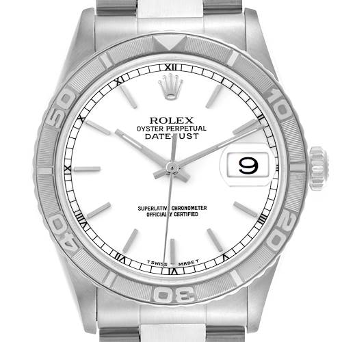 The Rolex Turn-o-Graph 16264 Men's Stainless Steel White Dial 16264 Men's Stainless Steel White Dial watch is shown from the front, highlighting the face, bezel, hands, and date window.