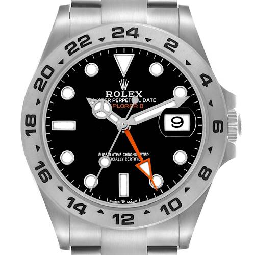 The Rolex Explorer 226570 Men's Stainless Steel Black Dial 226570 Men's Stainless Steel Black Dial watch is shown from a front angle, highlighting the dial, bezel, hands, and date window.