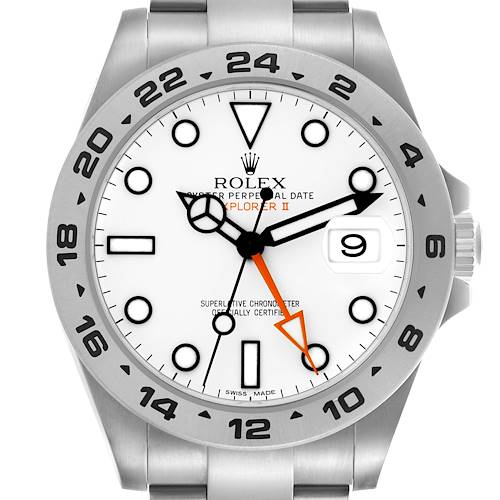 The Rolex Explorer 216570 Men's Stainless Steel White Dial 216570 Men's Stainless Steel White Dial watch is shown from the front, highlighting its face, bezel, and crown.