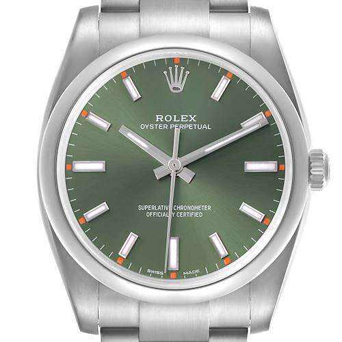 The Rolex Oyster Perpetual 114200 Men's Stainless Steel Green Dial 114200 Men's Stainless Steel Green Dial watch is shown from the front, highlighting the green dial and markers.