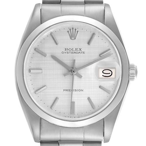 The Rolex Date 6694 Men's Stainless Steel Silver Dial 6694 Men's Stainless Steel Silver Dial model watch is shown from a front angle, displaying its dial, hands, crown, and date window.